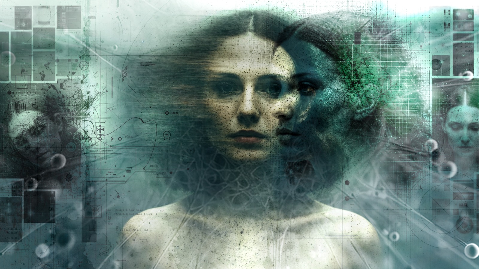 Volti sovrapposti attraversati da reticoli e tracce digitali nei toni del verde: immagine di The Infinite Rendering.